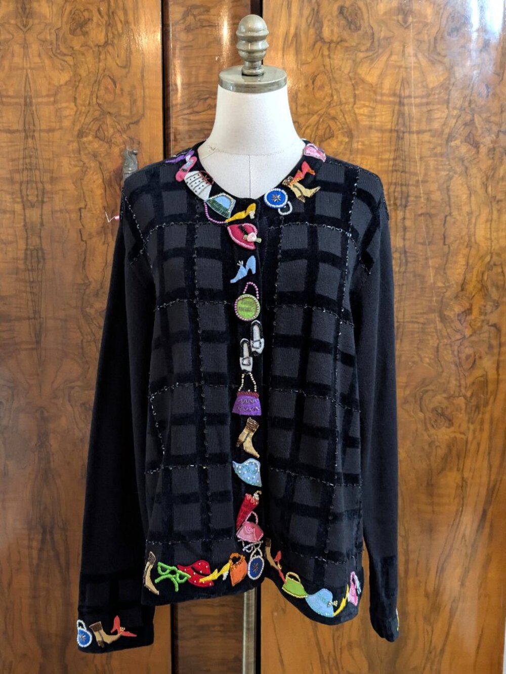 Vtg Just B Beaded Sequin Fashion Cardigan Sweater XL Black Windowpane Purses